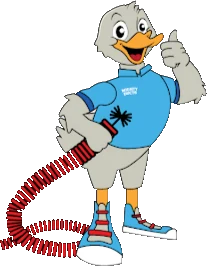 Mighty Ducts duck mascot holding a duct hose, thumbs up